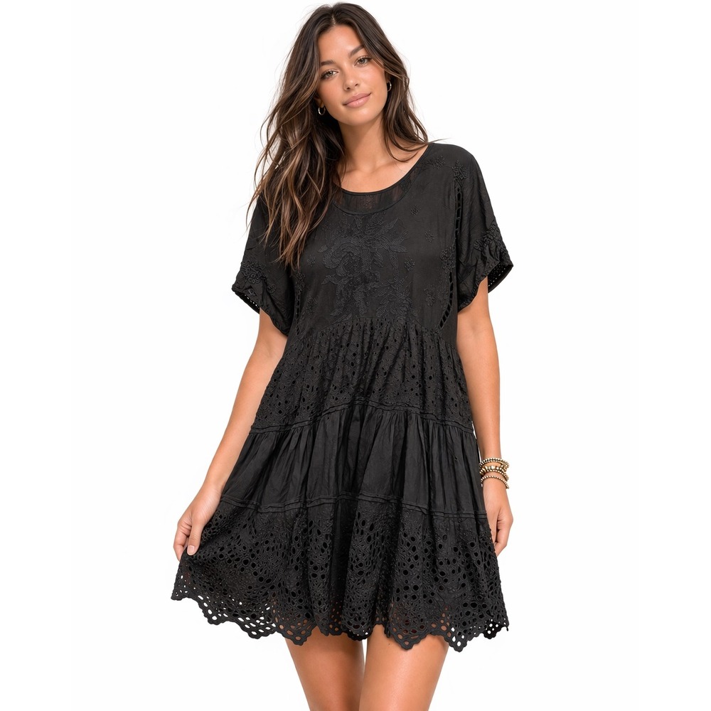 Johnny Was Black Embroidered Eyelet Tunic Dress Cover up  Medium